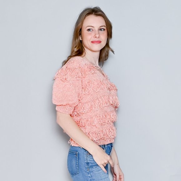 VINTAGE Loopy Fringe Knit Peachy Pink Sweater Top 50s 60s XS/S - Picture 2 of 7